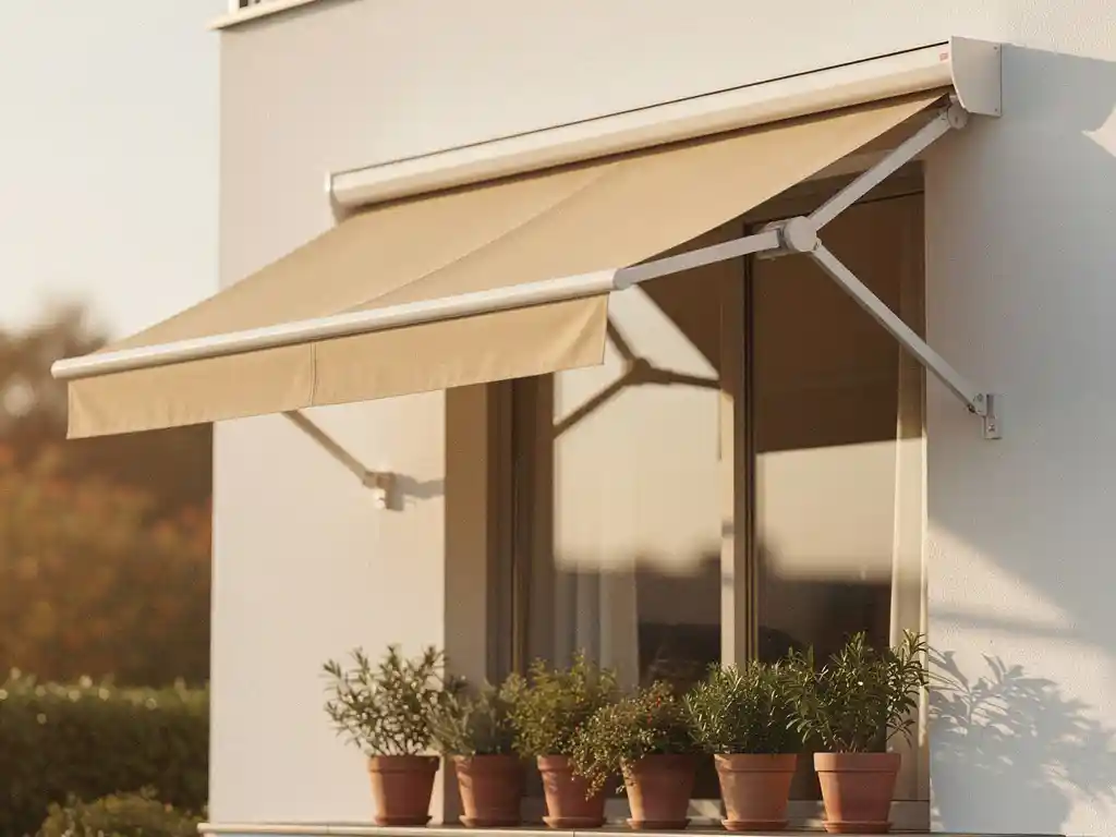 Cassette-zonwering met uitgeschoven armen boven balkon, strak zandkleurig doek op wit appartementgevel met terracotta plantenpotten.
