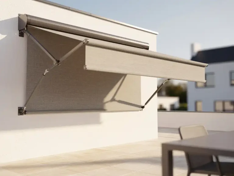 Cassette-zonwering met uitgeschoven armen op witte Nederlandse gevel boven zonnig terras met crèmekleurige tegels.