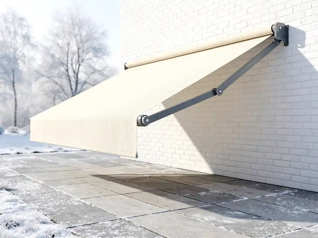 Ingetrokken terrasoverkapping met geweven crèmekleurig doek volledig uitgerold aan witte bakstenen gevel, besneeuwd terras en kale winterbomen op achtergrond.