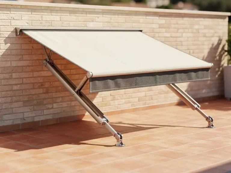 Uitgeschoven knikarmscherm in crème en antraciet bevestigd aan lichte bakstenen muur boven zonnig terras met terracotta tegels.