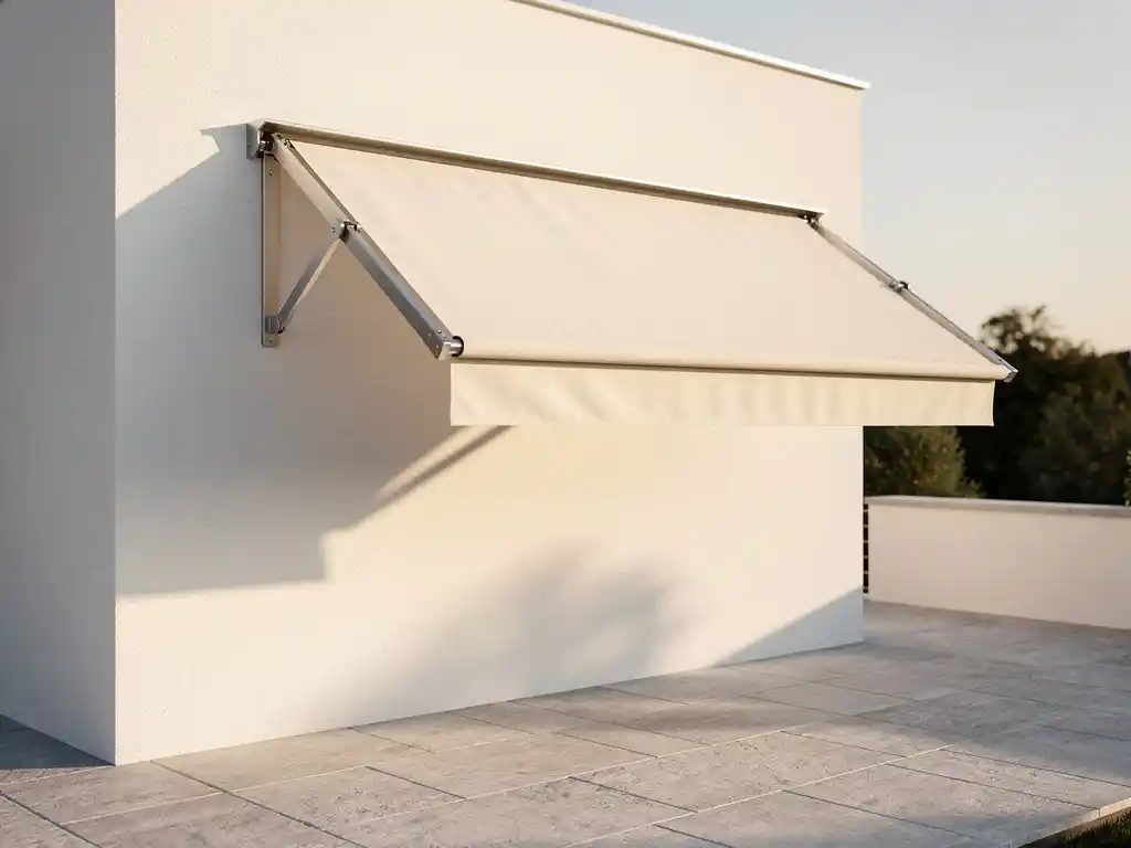 Uitgeschoven knikarmscherm met crème doek op modern wit gepleisterd gevel boven zonnig stenen terras.