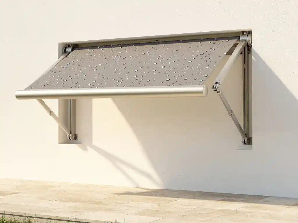 Uitgeschoven terrasoverkapping met crème en leisteengrijs doek op zonnig stenen terras, waterdruppels na lichte regen.