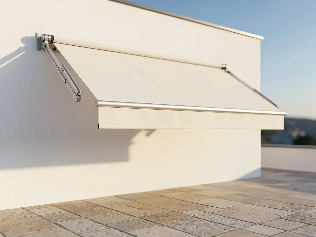 Moderne uitschuifbare zonneluifel met gelede armen op witte gevel, crème doek en aluminium, stenen terras in middagzon.