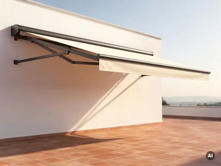 Cassette-zonwering met uitgevouwen armen boven zonnig terras met terracotta tegels, gemonteerd op witte gevel onder blauwe lucht.