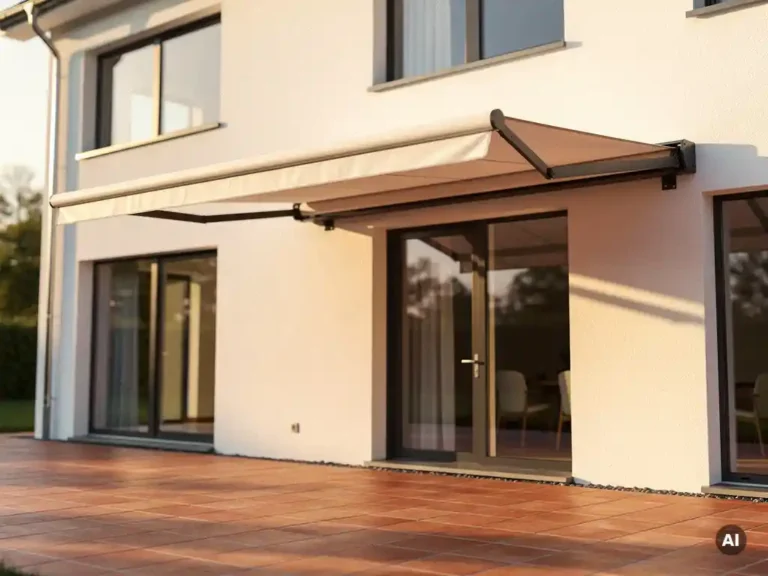 Cassette-zonwering met twee uitgevouwen armen op wit Nederlands woonhuis, crème doek boven terras met terracotta tegels in middagzon.
