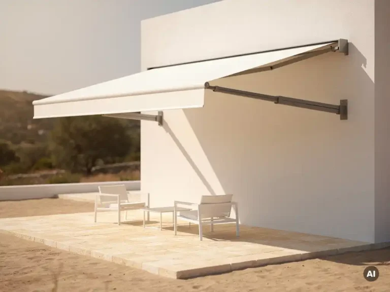 Moderne uittrekbare zonneluifel met zichtbare armen op witte gevel, volledig uitgeschoven boven zonnig stenen terras.