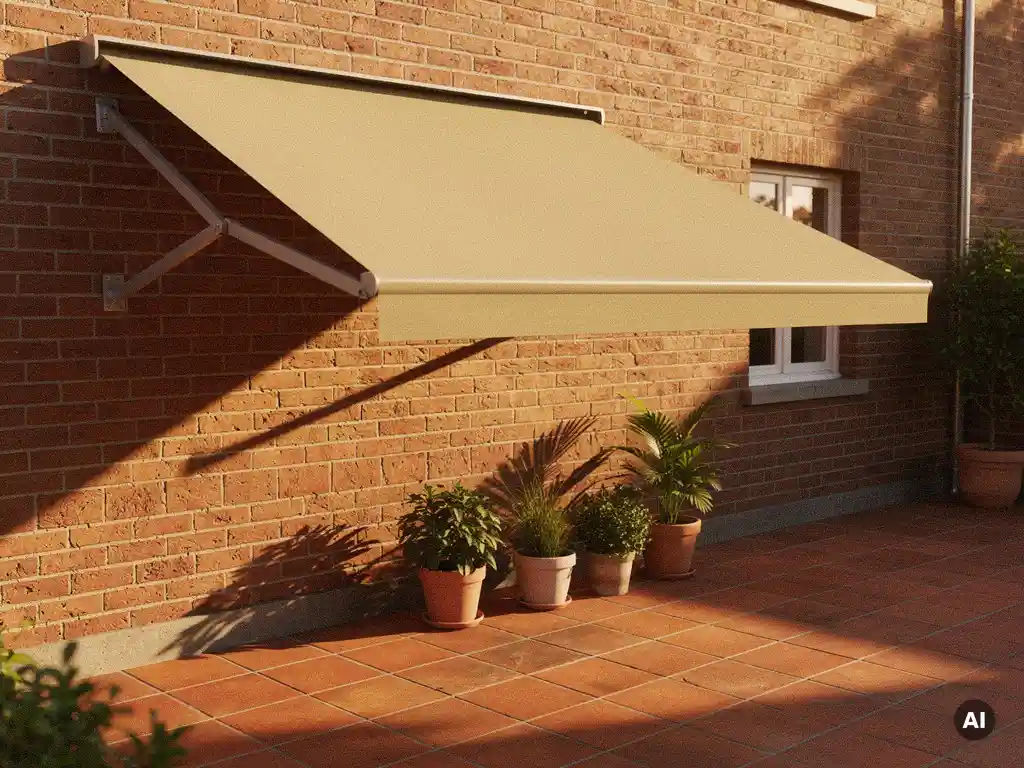 Zandbeige uitschuifbare luifel met twee vouwarmen op bakstenen gevel boven terras met terracotta tegels en plantenpotten.