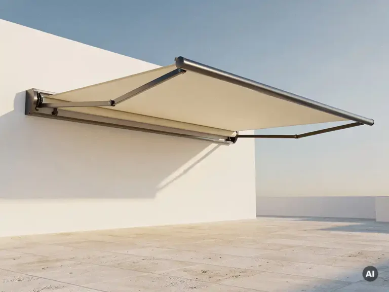 Uitgeschoven terrasoverkapping met gelede armen gemonteerd aan witte moderne gevel, crème en antraciet tinten onder blauwe lucht.