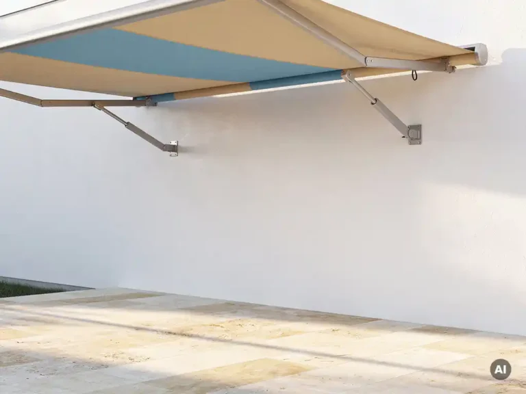 Uittrekbare zonneluifel met gelede armen gemonteerd aan witte gevel boven zonnig terras met crèmekleurige tegels.